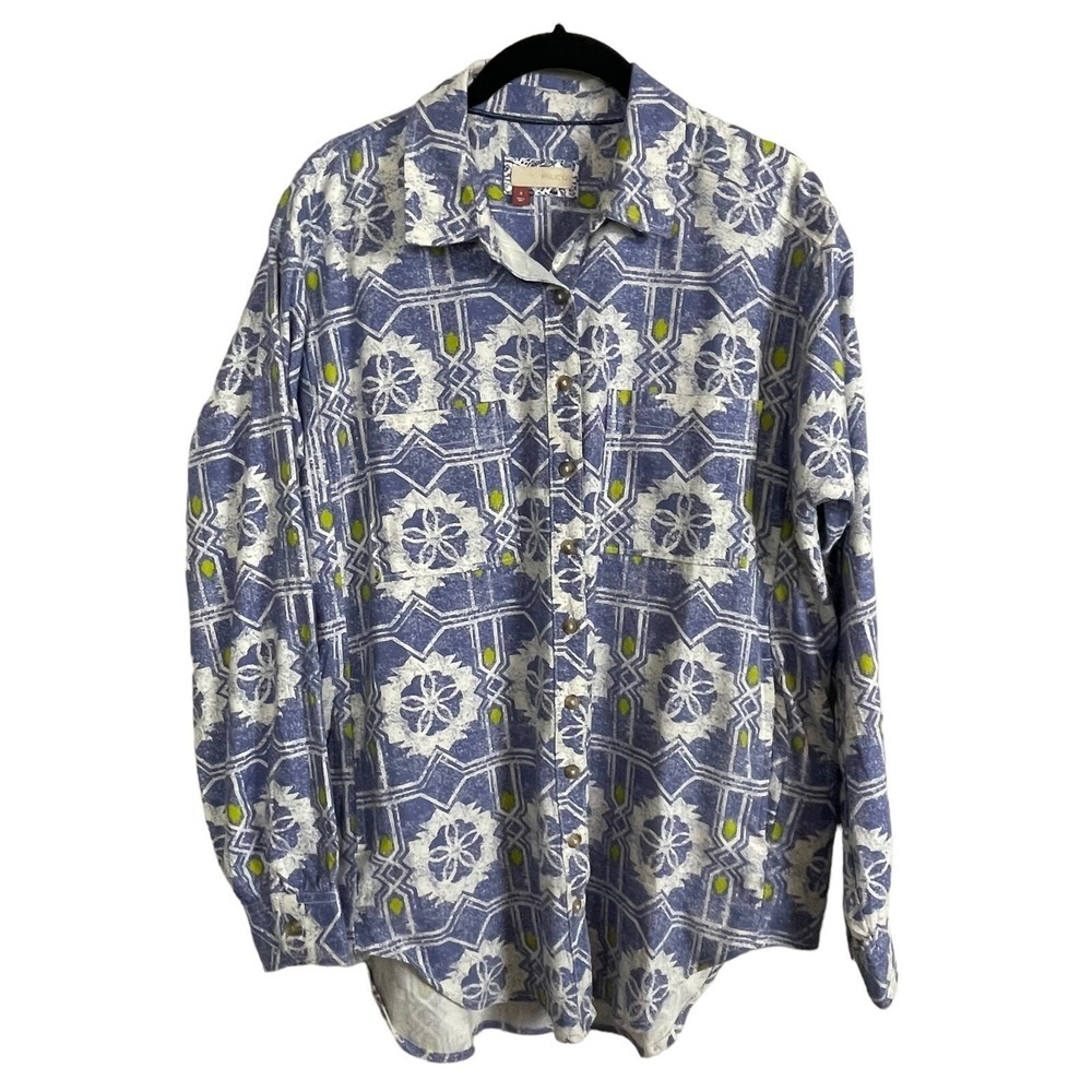 Pilcro Button Up Shirt Womens S Boho Coastal Blue Geometric Floral Long Sleeve